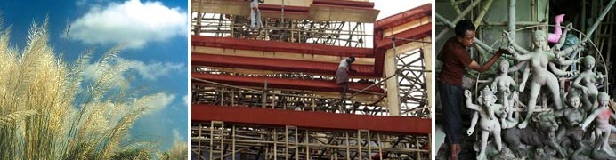 Three images showing Durga Idol making, Pandal Making and Kash Phool